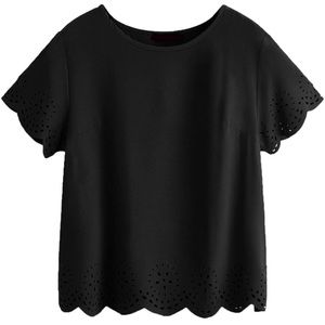 Black Scalloped Short Sleeve Laser-Cut Blouse